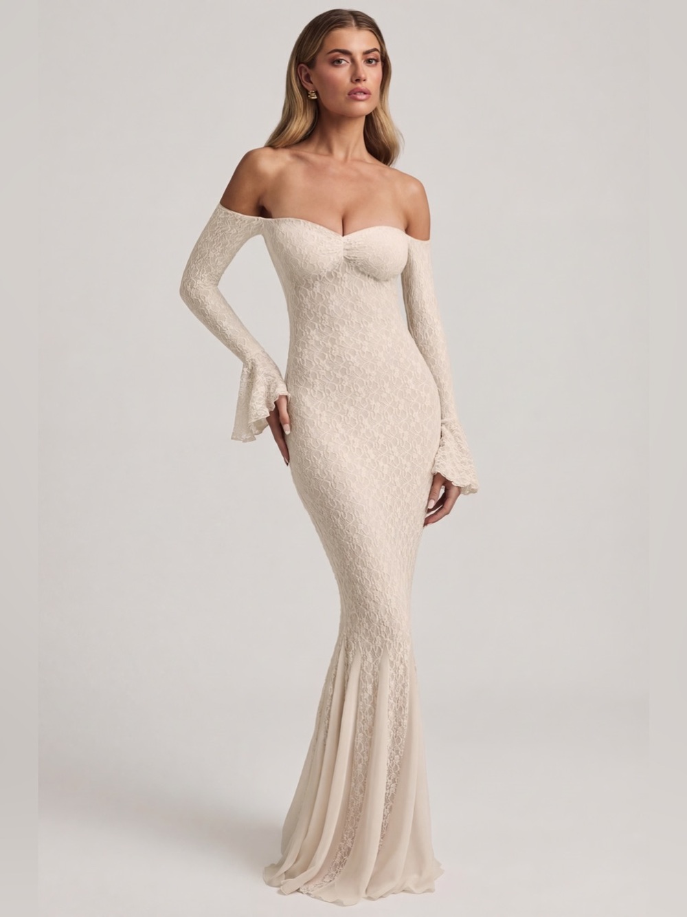 NEW Oh Polly Verena Ivory Off-Shoulder Ruffle Lace Mermaid Bodycon Maxi Dress XS - Picture 9 of 10